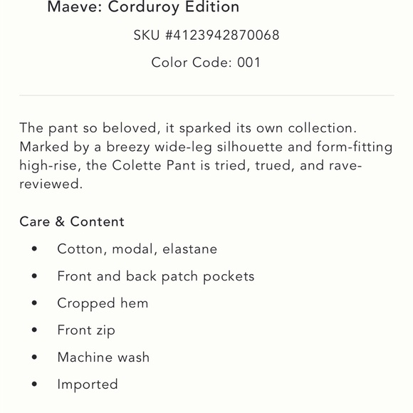 Anthropologie The Colette Cropped Wide-Leg Corduroy Pants by Maeve- NWOT - Picture 5 of 5